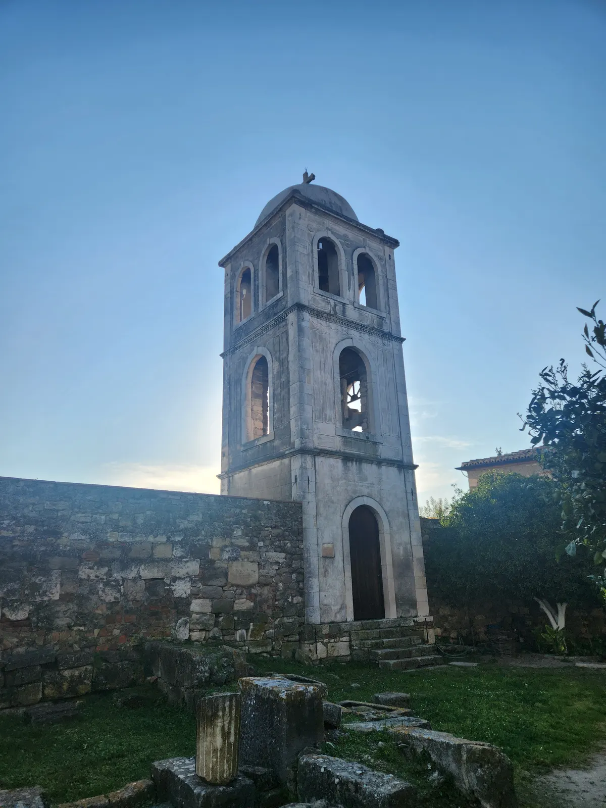 Historic stone bell tower in Albania