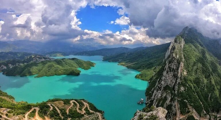 Turquoise waters of Bovilla Lake surrounded by mountains near Tirana