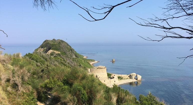 Coastal cliffs and castle at Cape of Rodon, Albania